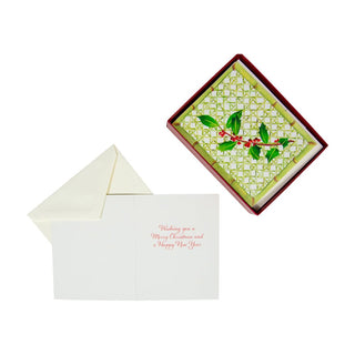 Caspari Holly On Trellis Mini Boxed Christmas Cards - 15 Christmas Cards & 15 Envelopes 100019