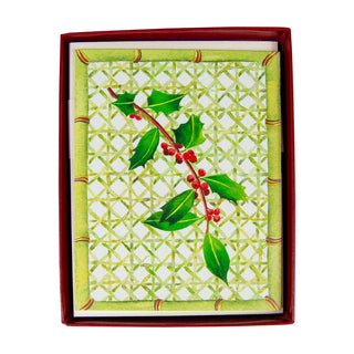 Caspari Holly On Trellis Mini Boxed Christmas Cards - 15 Christmas Cards & 15 Envelopes 100019