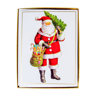 Caspari Santa With Tree Boxed Christmas Cards - 15 Cards and 15 Envelopes 100226