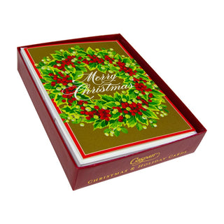 Caspari Holly And Berry Wreath Boxed Christmas Cards - 15 Christmas Cards & 15 Envelopes 102218