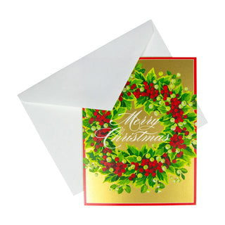 Caspari Holly And Berry Wreath Boxed Christmas Cards - 15 Christmas Cards & 15 Envelopes 102218