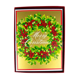 Caspari Holly And Berry Wreath Boxed Christmas Cards - 15 Christmas Cards & 15 Envelopes 102218