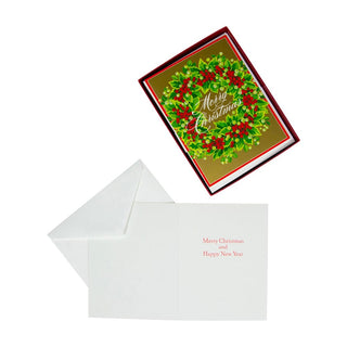 Caspari Holly And Berry Wreath Boxed Christmas Cards - 15 Christmas Cards & 15 Envelopes 102218