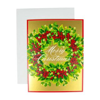 Caspari Holly And Berry Wreath Boxed Christmas Cards - 15 Christmas Cards & 15 Envelopes 102218