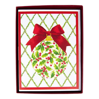 Caspari Holly Ornament And Trellis Boxed Christmas Cards - 15 Cards & 15 Envelopes 102220