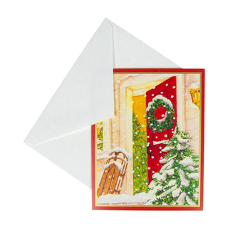 Caspari Open Door With Snow And Sled Mini Boxed Christmas Cards - 15 Christmas Cards & 15 Envelopes 103006