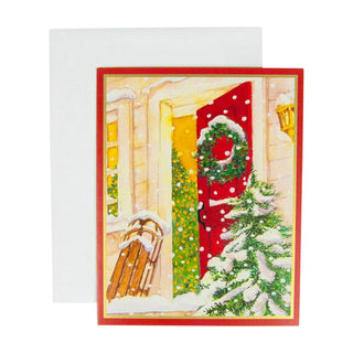 Caspari Open Door With Snow And Sled Mini Boxed Christmas Cards - 15 Christmas Cards & 15 Envelopes 103006