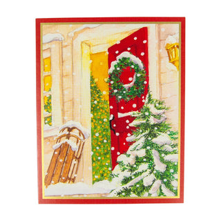 Caspari Open Door With Snow And Sled Mini Boxed Christmas Cards - 15 Christmas Cards & 15 Envelopes 103006