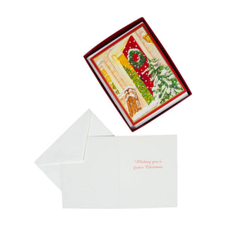 Caspari Open Door With Snow And Sled Mini Boxed Christmas Cards - 15 Christmas Cards & 15 Envelopes 103006