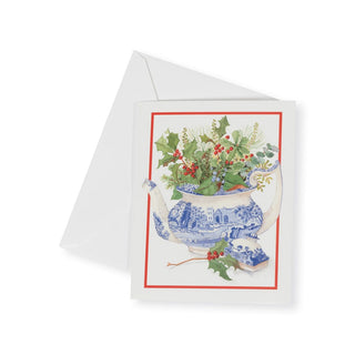 Caspari Blue And White Teapot With Holly Mini Boxed Christmas Cards - 15 Christmas Cards & 15 Envelopes 103020