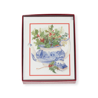 Caspari Blue And White Teapot With Holly Mini Boxed Christmas Cards - 15 Christmas Cards & 15 Envelopes 103020