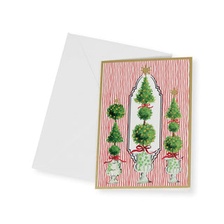 Caspari Topiaries With Red Ribbons Small Boxed Christmas Cards - 15 Christmas Cards & 15 Envelopes 103103