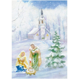 Caspari Nativity And Snowy Church Small Boxed Christmas Cards - 15 Christmas Cards & 15 Envelopes 103108