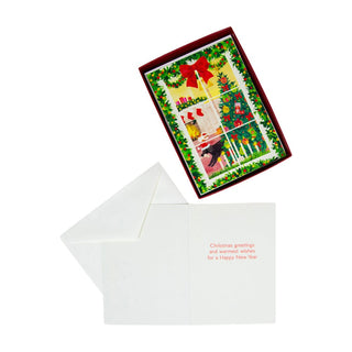 Caspari Window Christmas Scene Small Boxed Christmas Cards - 15 Christmas Cards & 15 Envelopes 103115