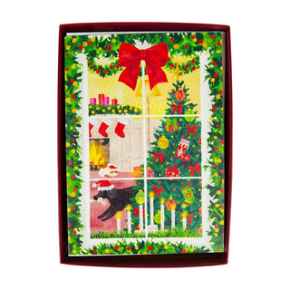 Caspari Window Christmas Scene Small Boxed Christmas Cards - 15 Christmas Cards & 15 Envelopes 103115