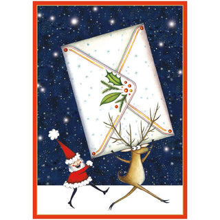 Caspari Santa And Reindeer With Envelope Small Boxed Christmas Cards - 15 Christmas Cards & 15 Envelopes 103117