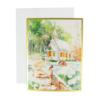 Caspari Peaceful Church In Snow Boxed Christmas Cards - 15 Christmas Cards & 15 Envelopes 103206