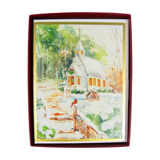 Caspari Peaceful Church In Snow Boxed Christmas Cards - 15 Christmas Cards & 15 Envelopes 103206