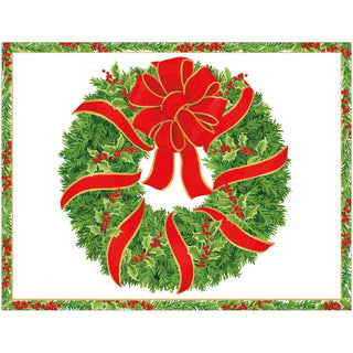 Caspari Evergreen Wreath With Red Ribbon Foil C-Sized Christmas Cards Pack in Cello - 5 Cards & 5 Envelopes 103232.98