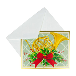 Caspari French Horn With Swag Large Boxed Christmas Cards - 15 Christmas Cards & 15 Envelopes 103309