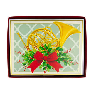 Caspari French Horn With Swag Large Boxed Christmas Cards - 15 Christmas Cards & 15 Envelopes 103309