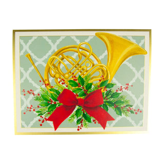 Caspari French Horn With Swag Large Boxed Christmas Cards - 15 Christmas Cards & 15 Envelopes 103309