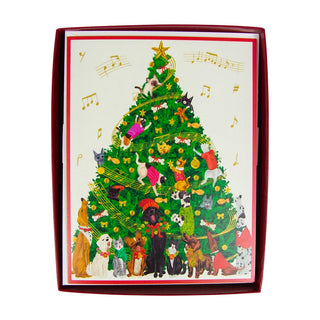 Caspari Dogs And Cats Christmas Tree Large Boxed Christmas Cards - 15 Christmas Cards & 15 Envelopes 103312