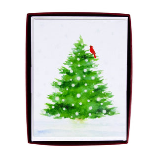 Caspari Snowy Tree With Cardinal Boxed Christmas Cards - 15 Christmas Cards & 15 Envelopes 104016