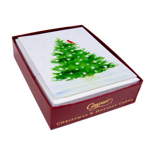 Caspari Snowy Tree With Cardinal Boxed Christmas Cards - 15 Christmas Cards & 15 Envelopes 104016