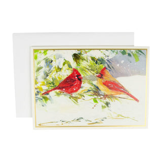 Caspari Cardinals On Snowy Branch B-Size Boxed Christmas Cards - 15 Cards And Envelopes 104106