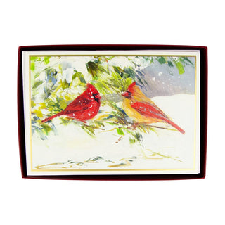 Caspari Cardinals On Snowy Branch B-Size Boxed Christmas Cards - 15 Cards And Envelopes 104106