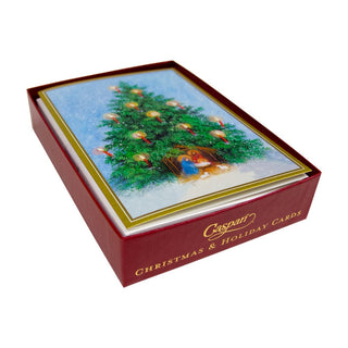 Caspari Tree With Candles And Creche B-Size Boxed Christmas Cards - 15 Cards And Envelopes 104109