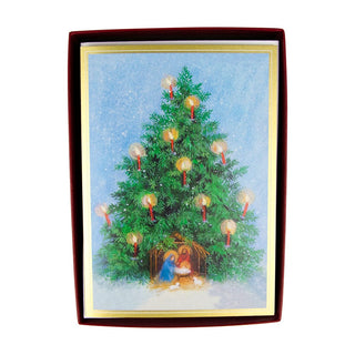 Caspari Tree With Candles And Creche B-Size Boxed Christmas Cards - 15 Cards And Envelopes 104109