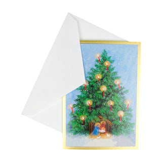 Caspari Tree With Candles And Creche B-Size Boxed Christmas Cards - 15 Cards And Envelopes 104109