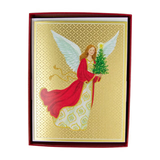 Caspari Angel With Christmas Tree C-Size Boxed Christmas Cards - 15 Cards And Envelopes 104205