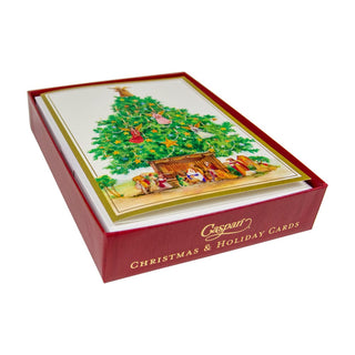 Caspari Angel Tree With Creche C-Size Boxed Christmas Cards - 15 Cards And Envelopes 104207