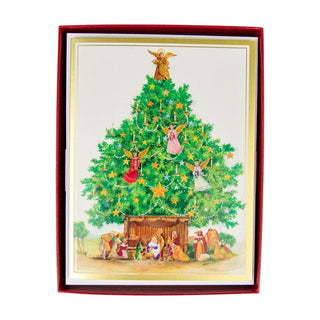 Caspari Angel Tree With Creche C-Size Boxed Christmas Cards - 15 Cards And Envelopes 104207