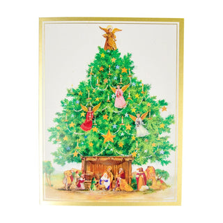 Caspari Angel Tree With Creche C-Size Boxed Christmas Cards - 15 Cards And Envelopes 104207