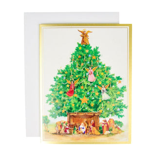 Caspari Angel Tree With Creche C-Size Boxed Christmas Cards - 15 Cards And Envelopes 104207