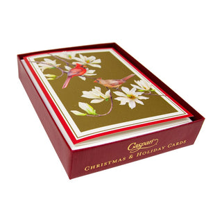 Caspari Cardinals And Magnolia C-Size Boxed Christmas Cards - 15 Cards And Envelopes 104213