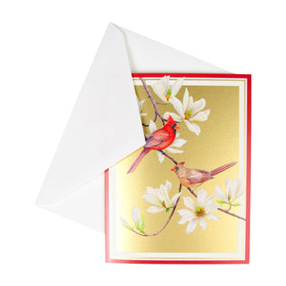 Caspari Cardinals And Magnolia C-Size Boxed Christmas Cards - 15 Cards And Envelopes 104213