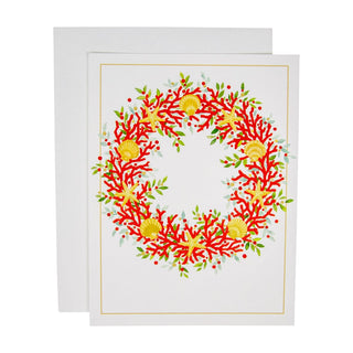 Caspari Coral And Shell Wreath Foil Boxed Christmas Cards - 10 Christmas Cards & 10 Envelopes 104222