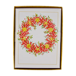 Caspari Coral And Shell Wreath Foil Boxed Christmas Cards - 10 Christmas Cards & 10 Envelopes 104222