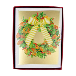 Caspari Magnolia Wreath With Striped Bow D-Size Boxed Christmas Cards - 15 Cards And Envelopes 104306