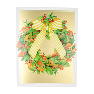 Caspari Magnolia Wreath With Striped Bow D-Size Boxed Christmas Cards - 15 Cards And Envelopes 104306