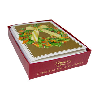 Caspari Magnolia Wreath With Striped Bow D-Size Boxed Christmas Cards - 15 Cards And Envelopes 104306