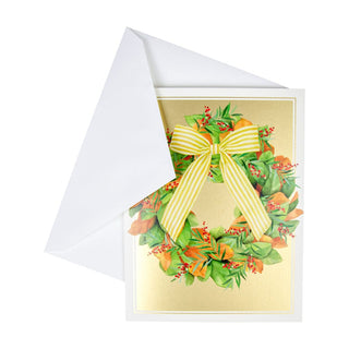 Caspari Magnolia Wreath With Striped Bow D-Size Boxed Christmas Cards - 15 Cards And Envelopes 104306