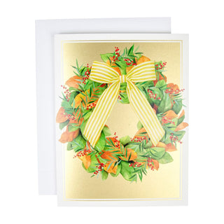 Caspari Magnolia Wreath With Striped Bow D-Size Boxed Christmas Cards - 15 Cards And Envelopes 104306