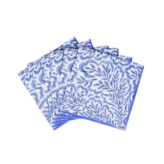 Caspari Block Print Leaves Boxed Paper Cocktail Napkins in Blue - 40 Per Box 16980B