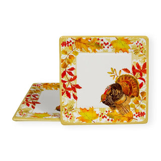 Caspari Woodland Turkey Square Paper Salad & Dessert Plates - 8 Per Package 17110SP